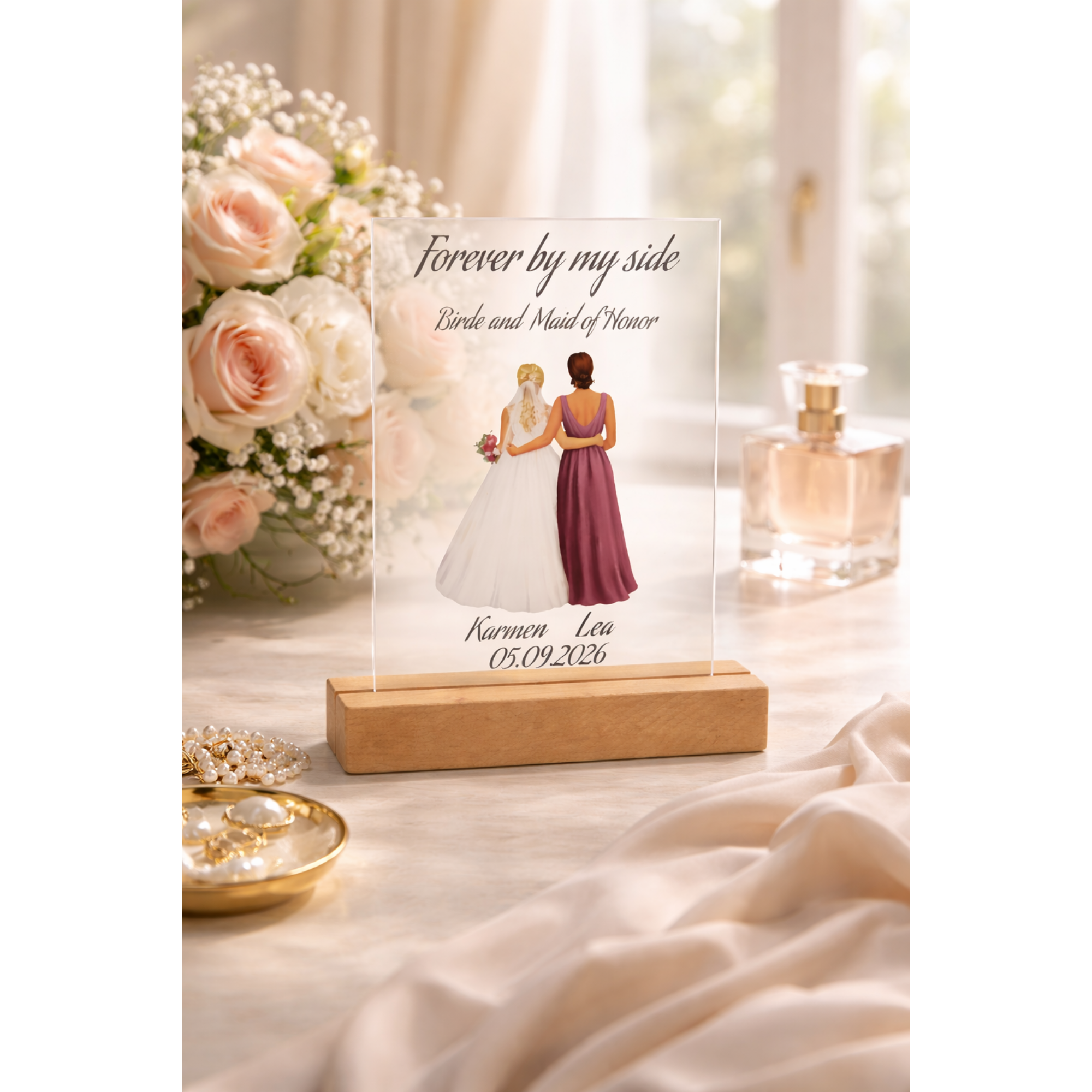 Trauzeugin Geschenk personalisiert – Plexiglas Schild mit UV Druck auf Holzleiste – Namen & Datum – Haarfarben wählbar – Bild 2
