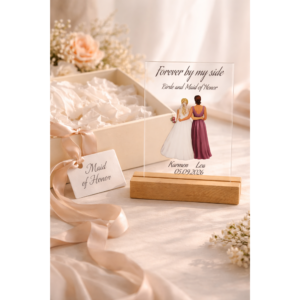 Trauzeugin Geschenk personalisiert – Plexiglas Schild mit UV Druck auf Holzleiste – Namen & Datum – Haarfarben wählbar