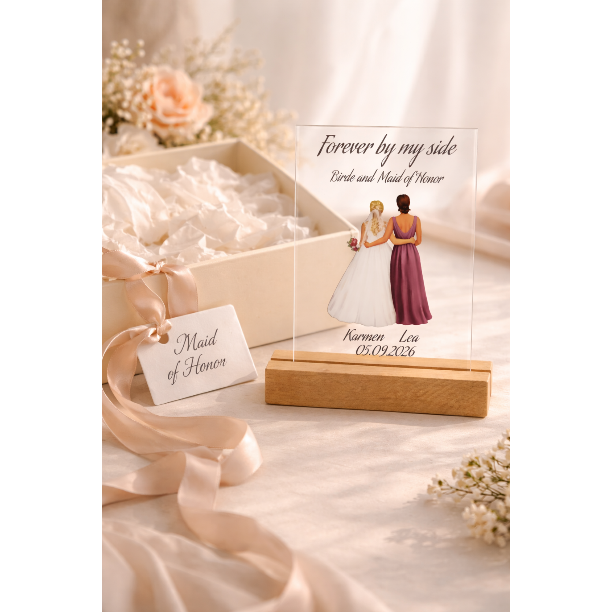 Trauzeugin Geschenk personalisiert – Plexiglas Schild mit UV Druck auf Holzleiste – Namen & Datum – Haarfarben wählbar