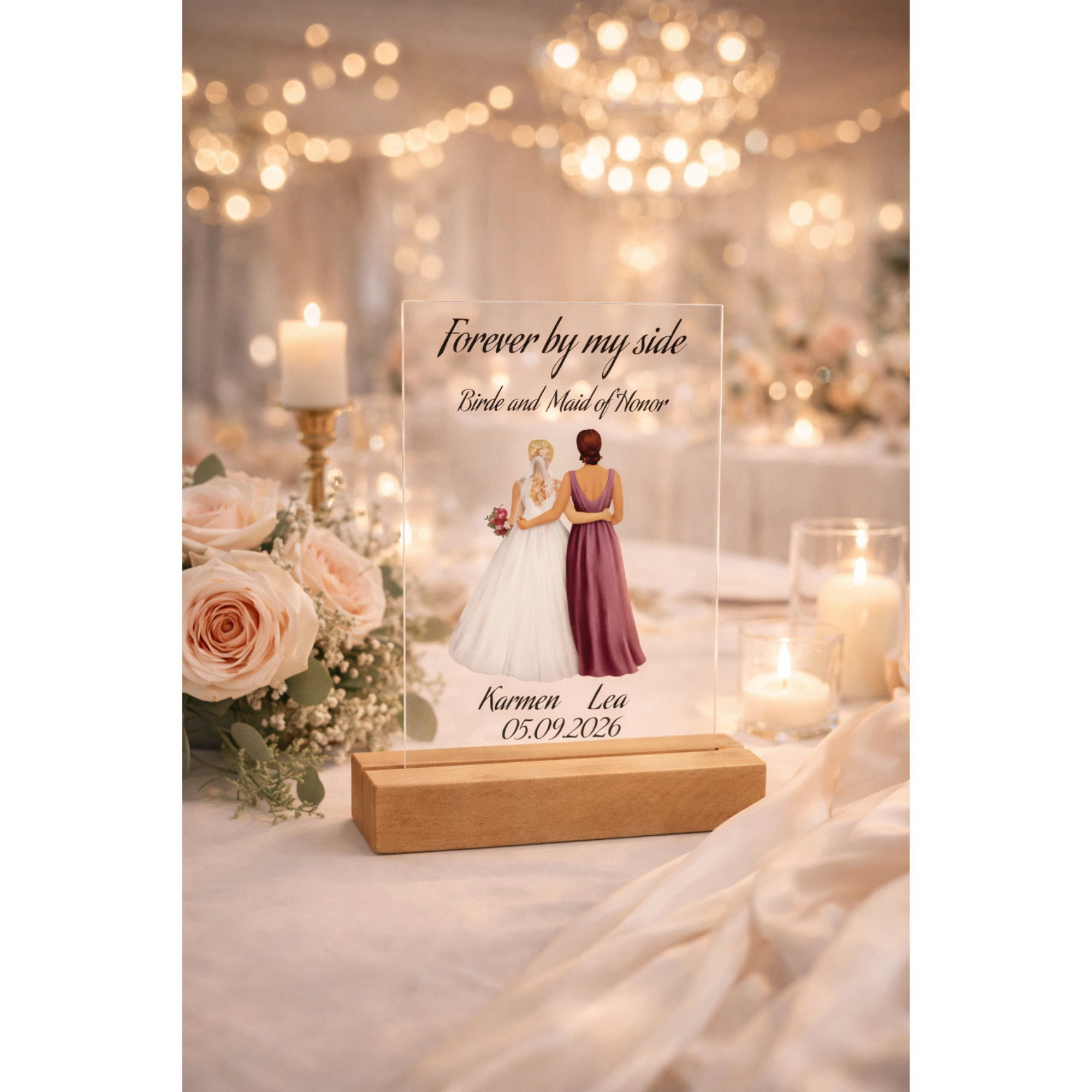 Trauzeugin Geschenk personalisiert – Plexiglas Schild mit UV Druck auf Holzleiste – Namen & Datum – Haarfarben wählbar – Bild 3