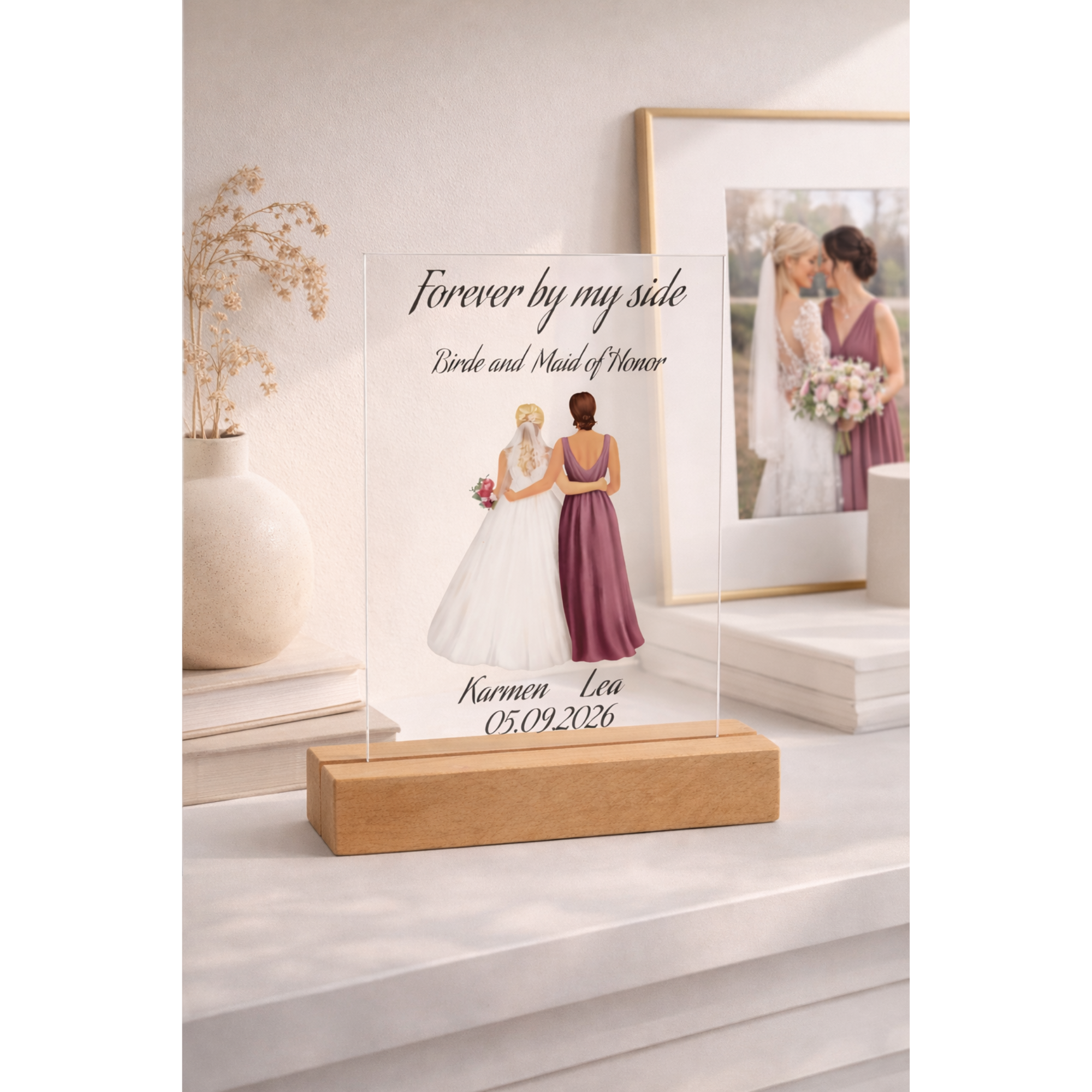 Trauzeugin Geschenk personalisiert – Plexiglas Schild mit UV Druck auf Holzleiste – Namen & Datum – Haarfarben wählbar – Bild 4