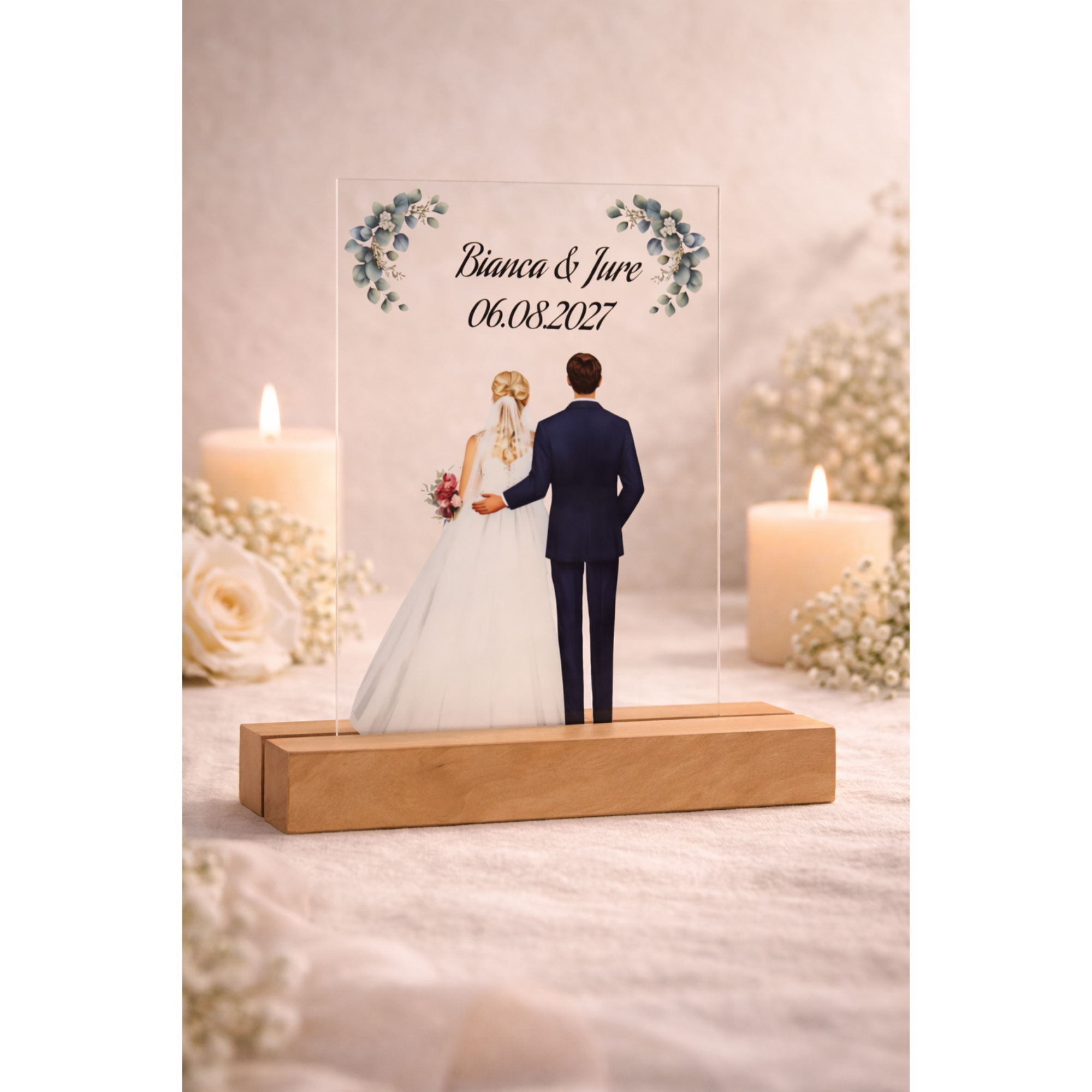 Brautpaar Geschenk personalisiert – Plexiglas Schild mit UV Druck auf Holzleiste – Namen & Datum - Haarfarben wählbar – Bild 3