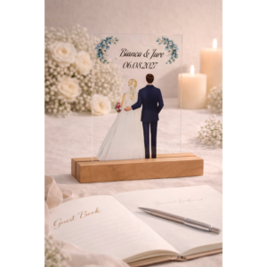 Brautpaar Geschenk personalisiert – Plexiglas Schild mit UV Druck auf Holzleiste – Namen & Datum - Haarfarben wählbar