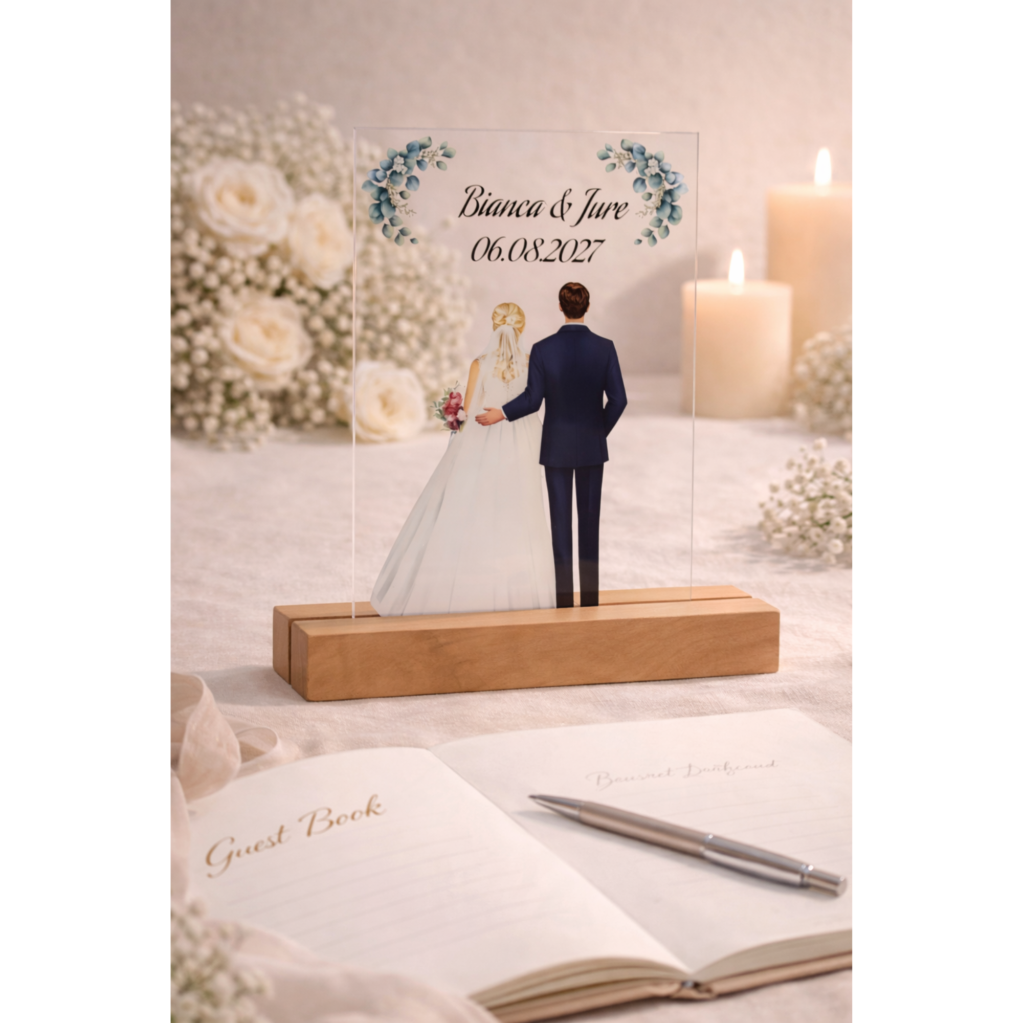 Brautpaar Geschenk personalisiert – Plexiglas Schild mit UV Druck auf Holzleiste – Namen & Datum - Haarfarben wählbar