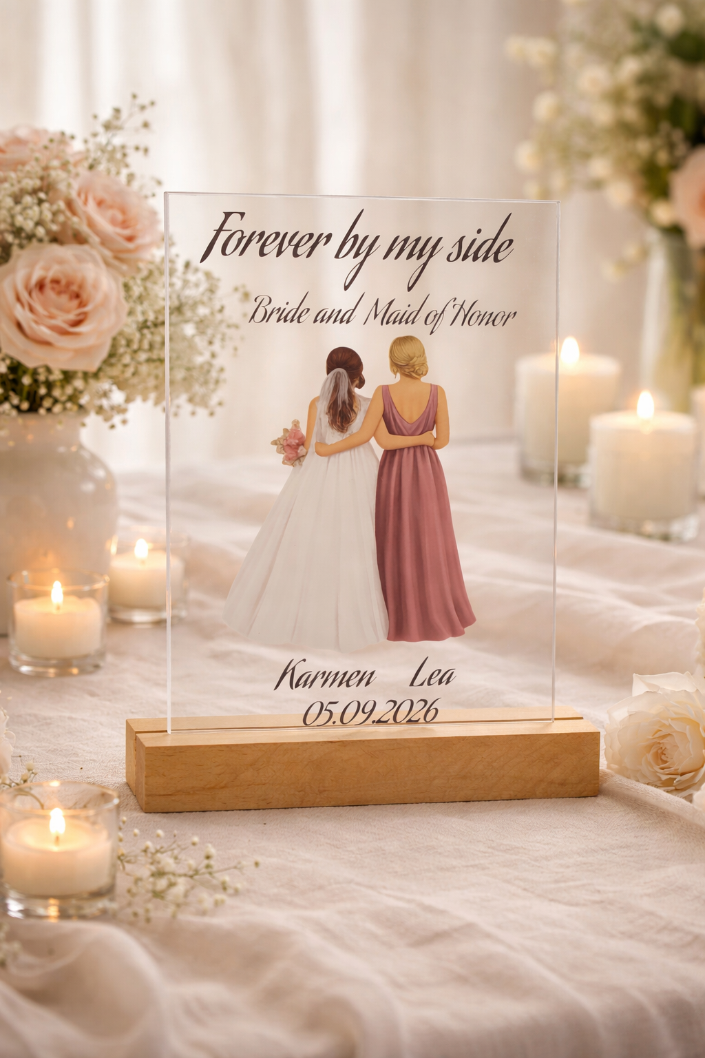 Trauzeugin Geschenk personalisiert – Plexiglas Schild mit UV Druck auf Holzleiste – Namen & Datum – Haarfarben wählbar – Bild 5