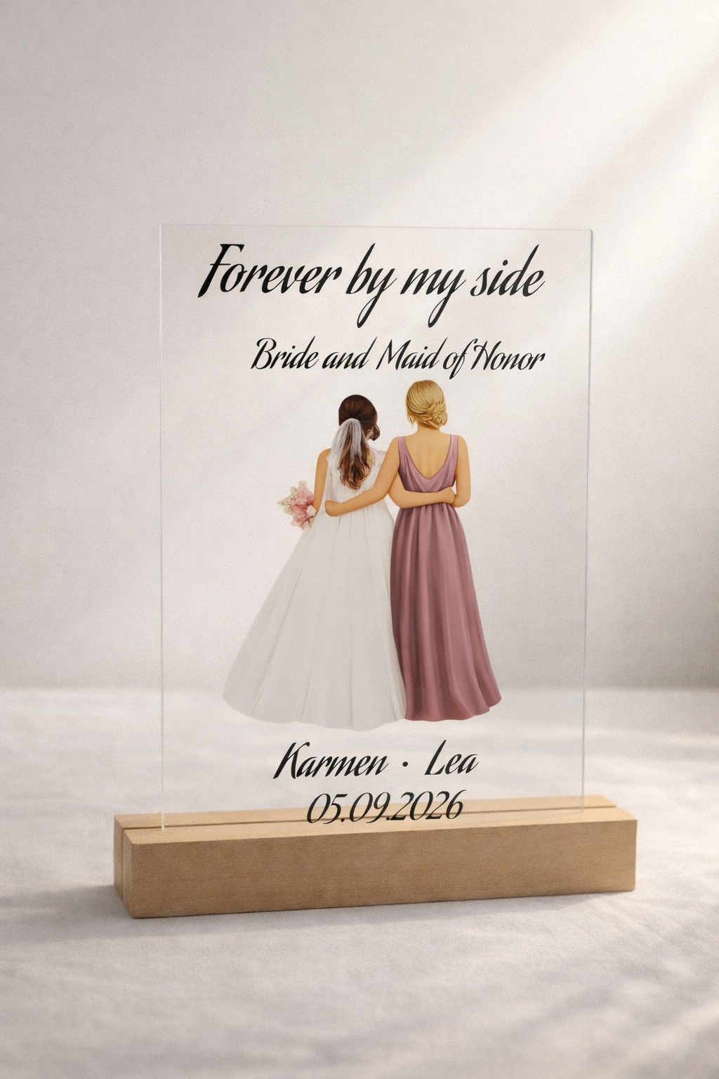 Trauzeugin Geschenk personalisiert – Plexiglas Schild mit UV Druck auf Holzleiste – Namen & Datum – Haarfarben wählbar – Bild 4