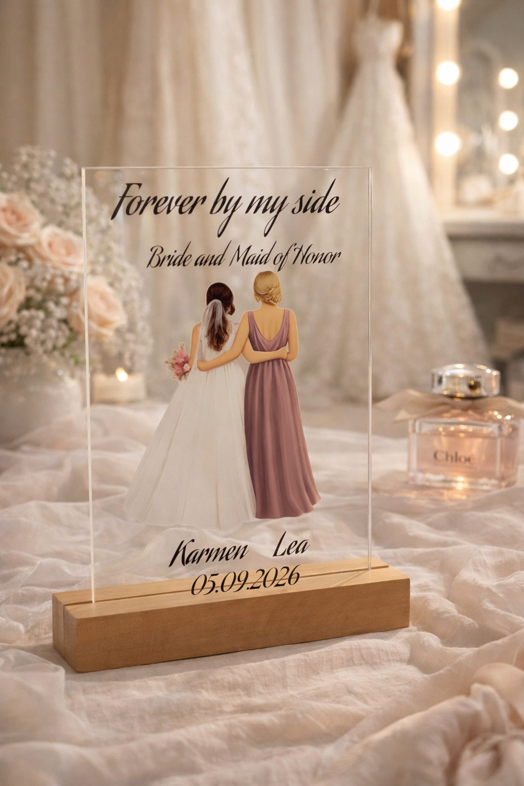 Trauzeugin Geschenk personalisiert – Plexiglas Schild mit UV Druck auf Holzleiste – Namen & Datum – Haarfarben wählbar – Bild 3