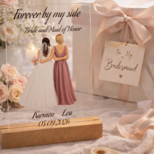 Trauzeugin Geschenk personalisiert – Plexiglas Schild mit UV Druck auf Holzleiste – Namen & Datum – Haarfarben wählbar