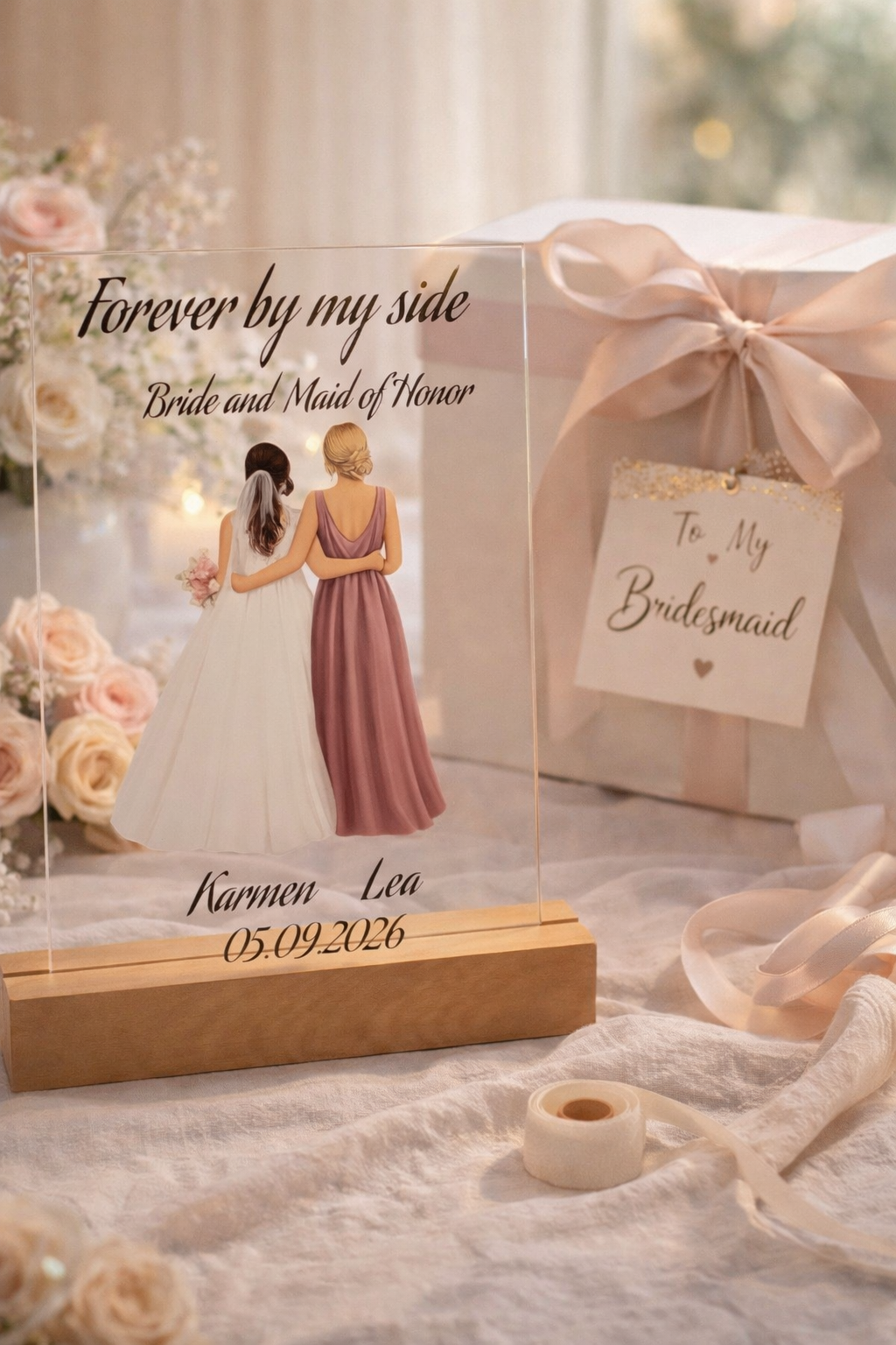 Trauzeugin Geschenk personalisiert – Plexiglas Schild mit UV Druck auf Holzleiste – Namen & Datum – Haarfarben wählbar