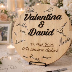 Rundes personalisiertes Gästebuch aus Holz – Alternative Hochzeitsdeko mit 3D Acryl Namen ✍️🌿
