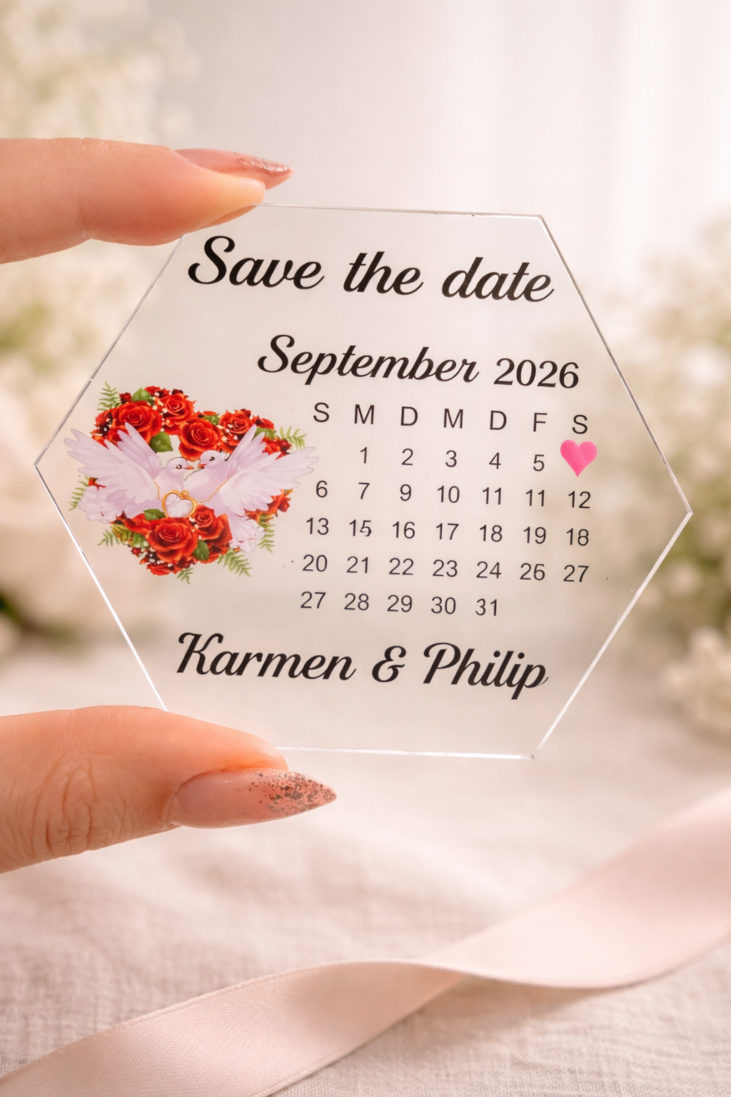 Personalisierte Save the Date Karte im Hexagon Design – Acrylglas oder Holz Hochzeitseinladung 💌✨