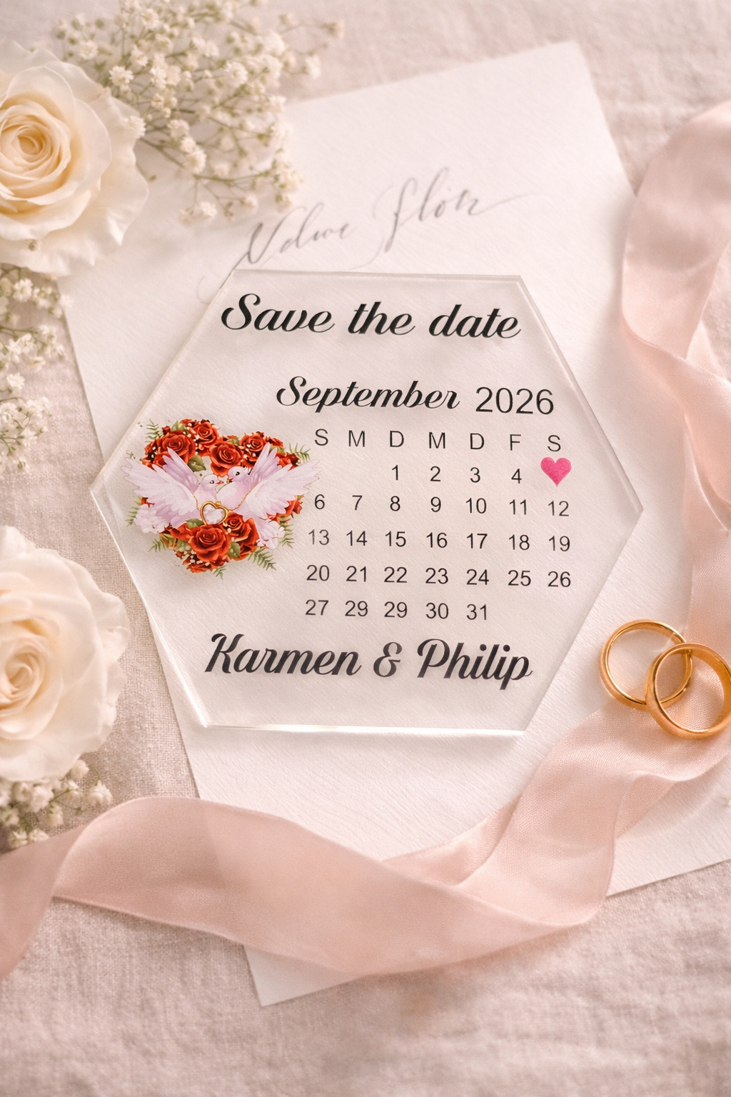 Personalisierte Save the Date Karte im Hexagon Design – Acrylglas oder Holz Hochzeitseinladung 💌✨ – Bild 2