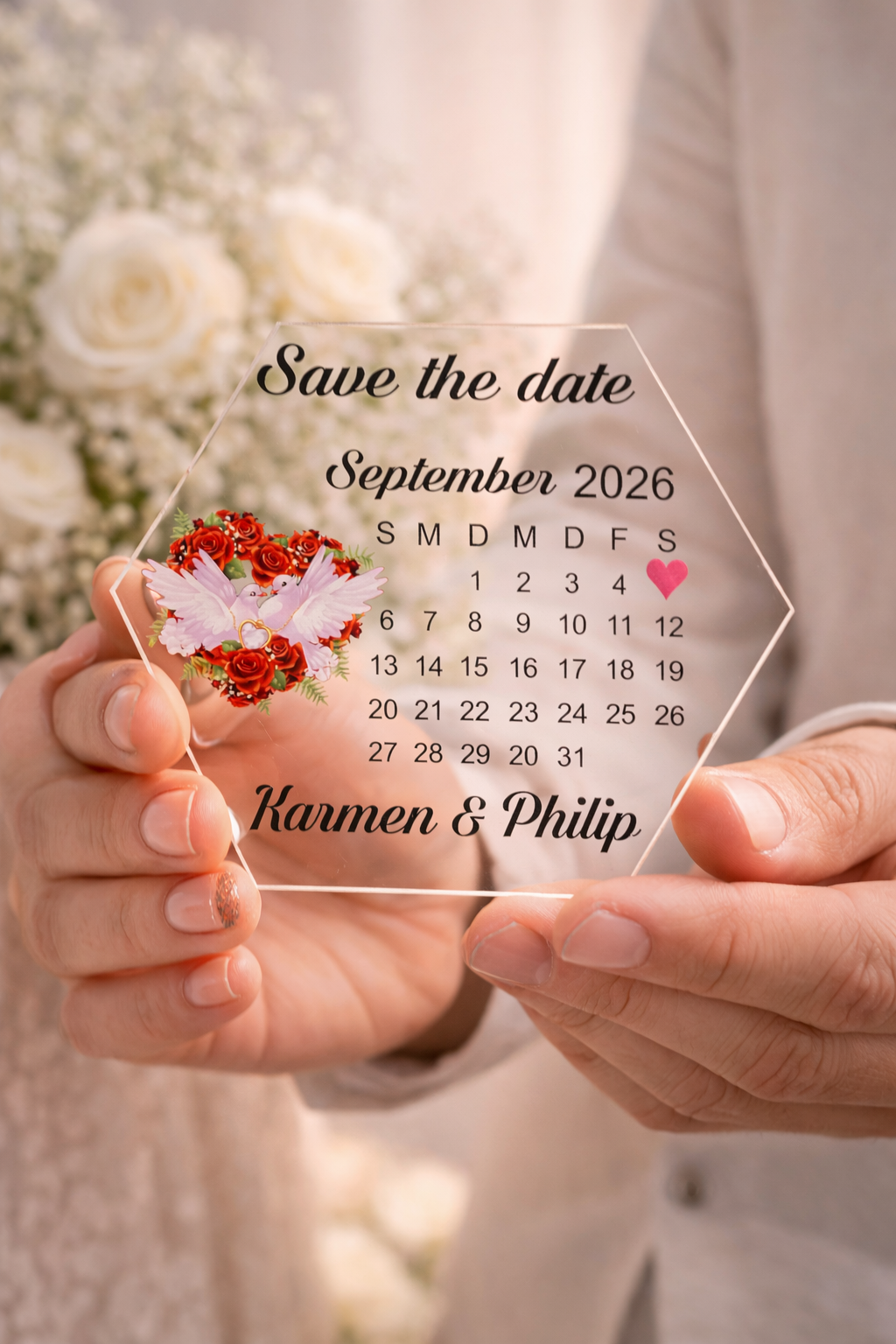 Personalisierte Save the Date Karte im Hexagon Design – Acrylglas oder Holz Hochzeitseinladung 💌✨ – Bild 3