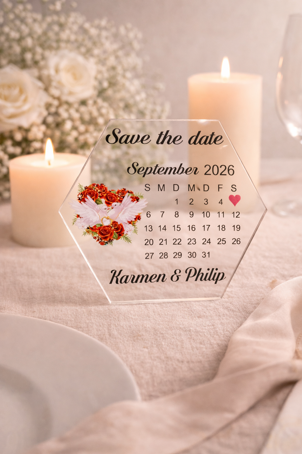 Personalisierte Save the Date Karte im Hexagon Design – Acrylglas oder Holz Hochzeitseinladung 💌✨ – Bild 4