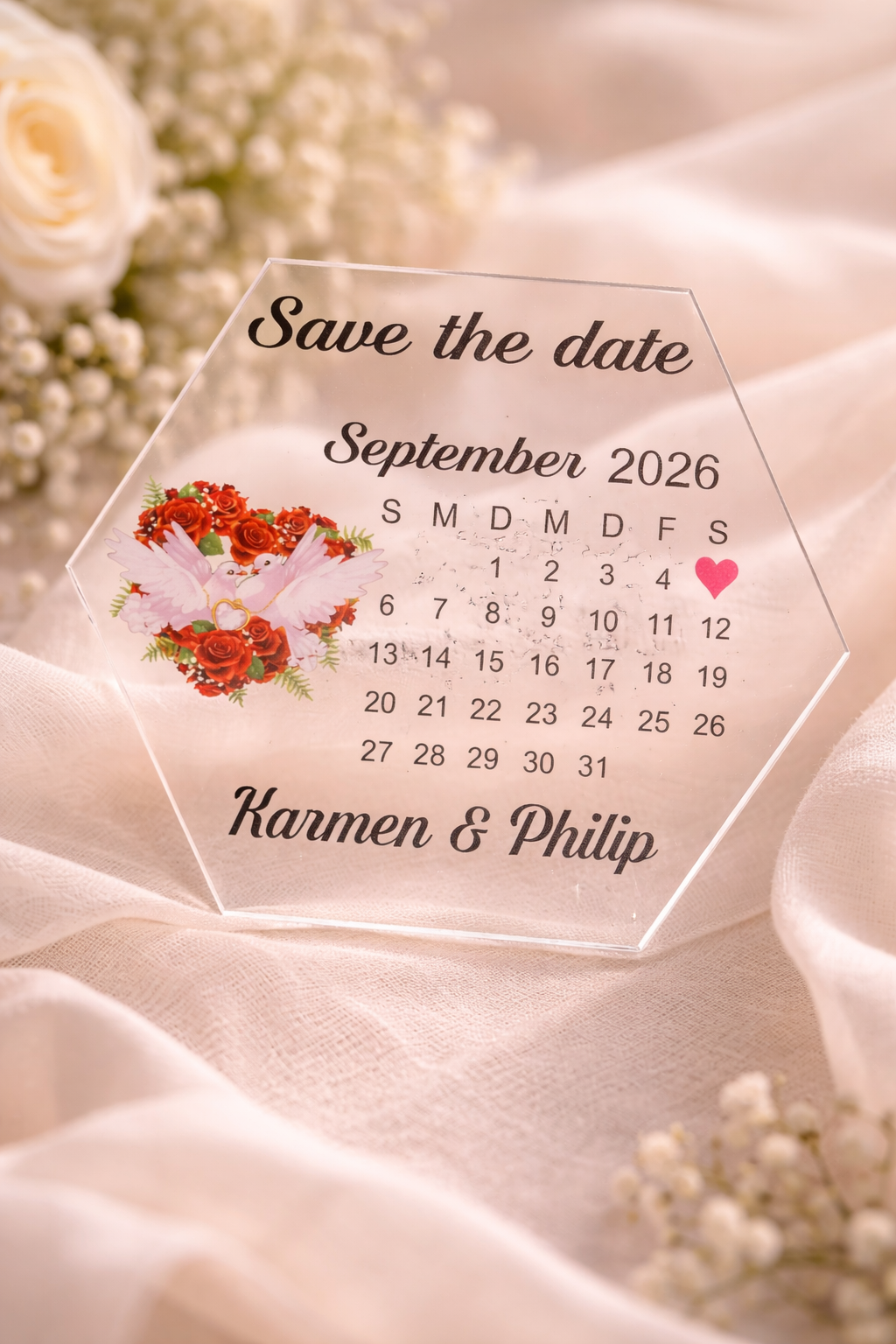 Personalisierte Save the Date Karte im Hexagon Design – Acrylglas oder Holz Hochzeitseinladung 💌✨ – Bild 5