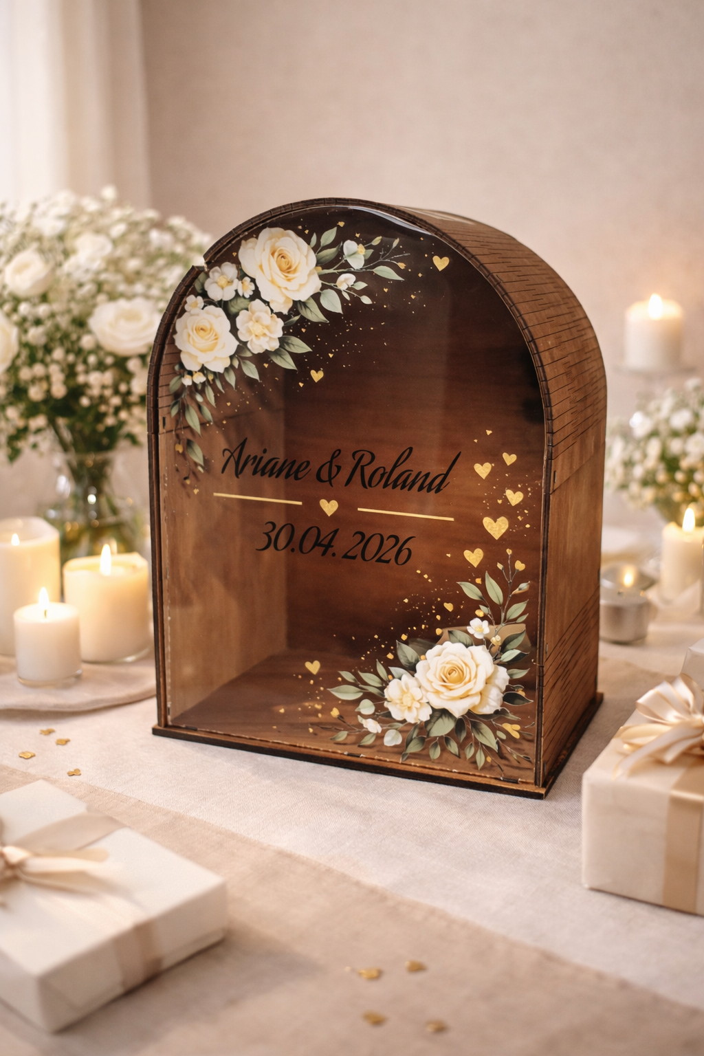 Personalisierte Kuvertbox aus Buchenholz mit Acrylglas – Wiederverwendbare Hochzeits Kartenbox 💌🌿 – Bild 3
