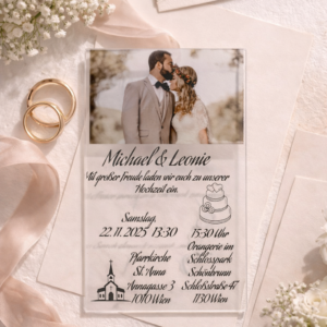 Personalisierte Hochzeitseinladung aus Acrylglas mit Foto – Moderne Einladungskarte mit individuellem Design 💍✨