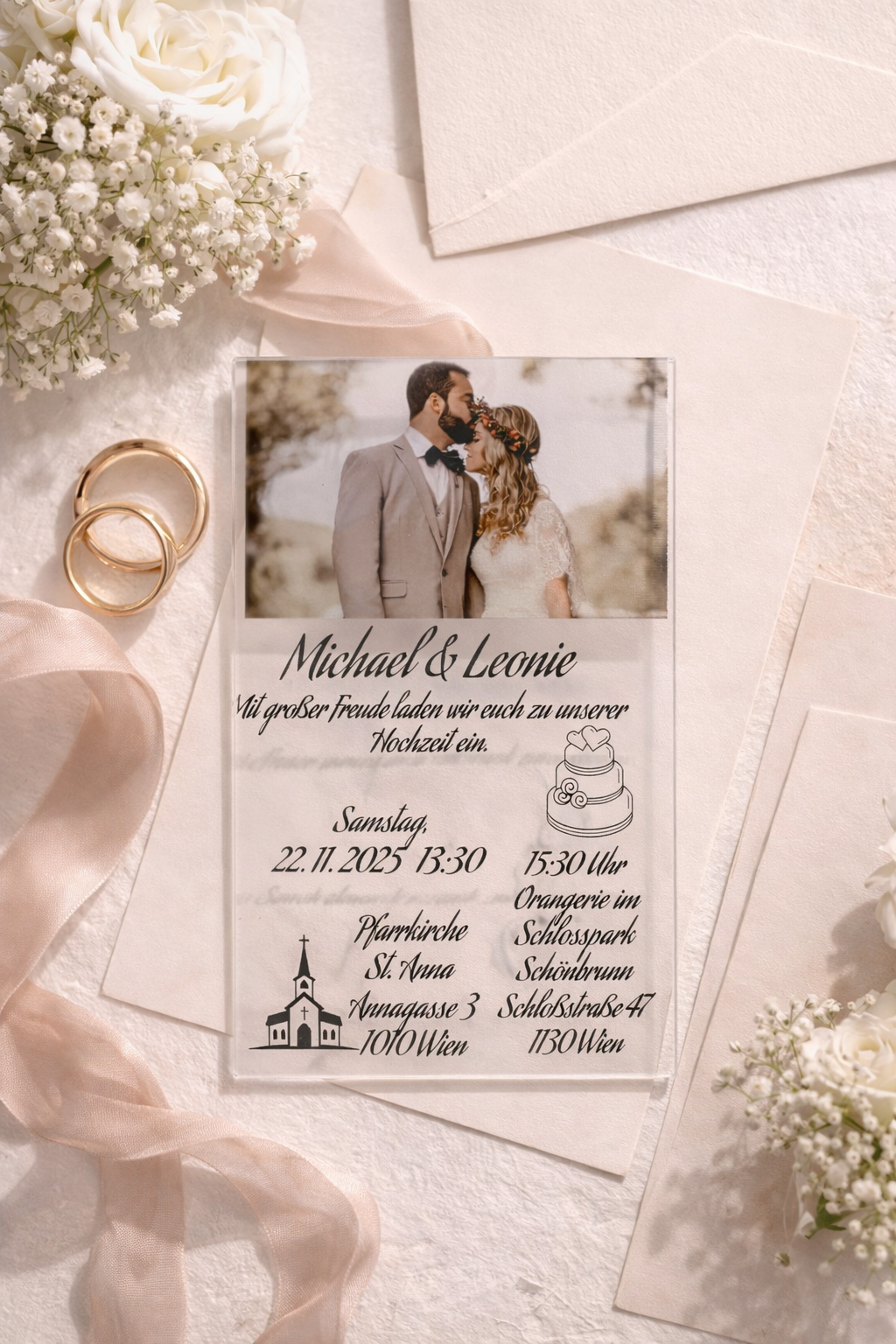 Personalisierte Hochzeitseinladung aus Acrylglas mit Foto – Moderne Einladungskarte mit individuellem Design 💍✨