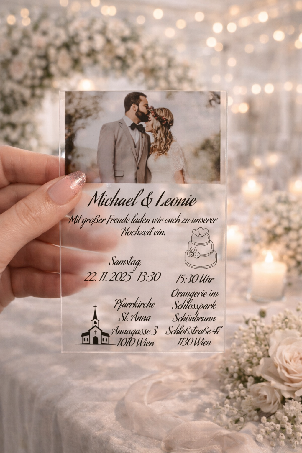 Personalisierte Hochzeitseinladung aus Acrylglas mit Foto – Moderne Einladungskarte mit individuellem Design 💍✨ – Bild 2