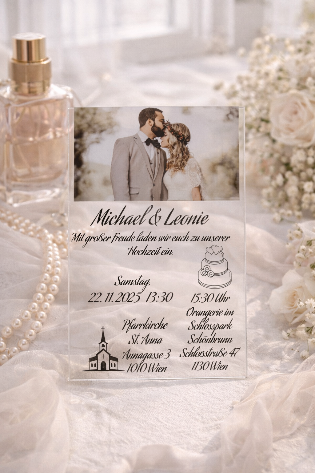 Personalisierte Hochzeitseinladung aus Acrylglas mit Foto – Moderne Einladungskarte mit individuellem Design 💍✨ – Bild 3