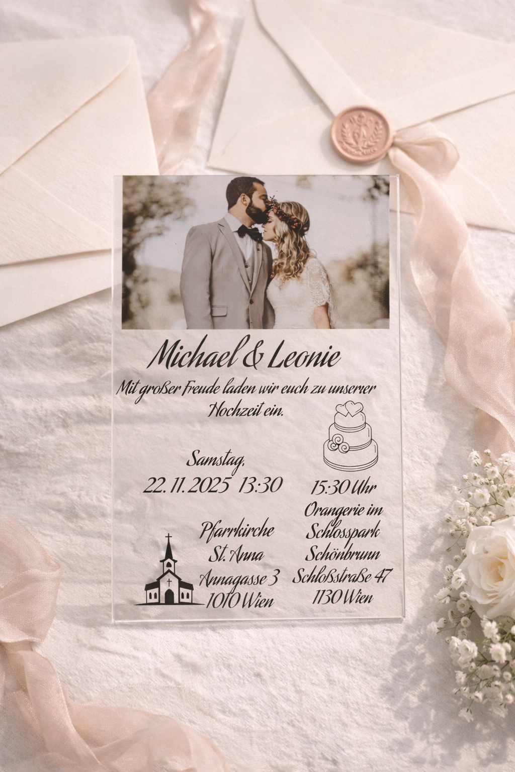 Personalisierte Hochzeitseinladung aus Acrylglas mit Foto – Moderne Einladungskarte mit individuellem Design 💍✨ – Bild 5